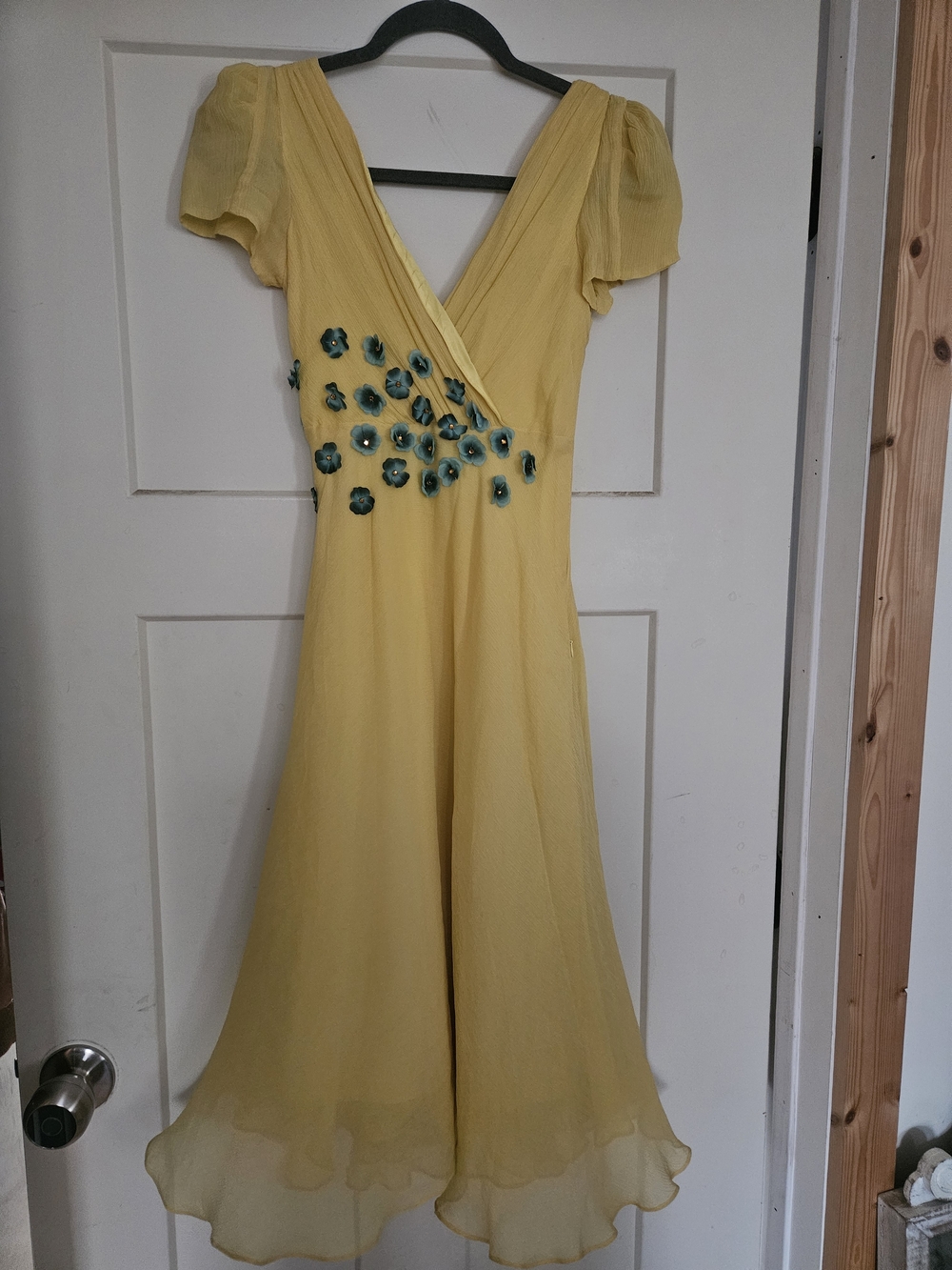 Betsey Johnson Yellow V-Neck Midi Dress with Teal Floral Appliqué